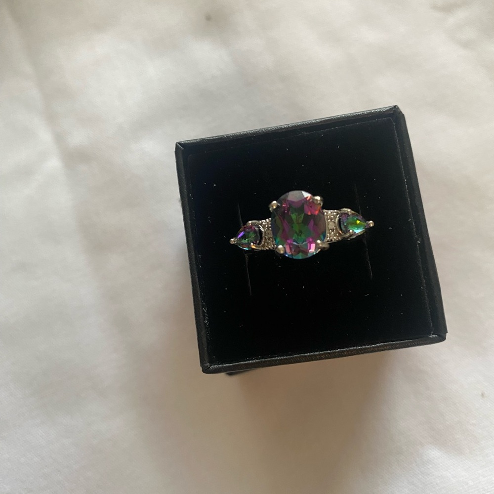 3 Stone Mystic Topaz with Diamond Accent Ring in Sterling Silver